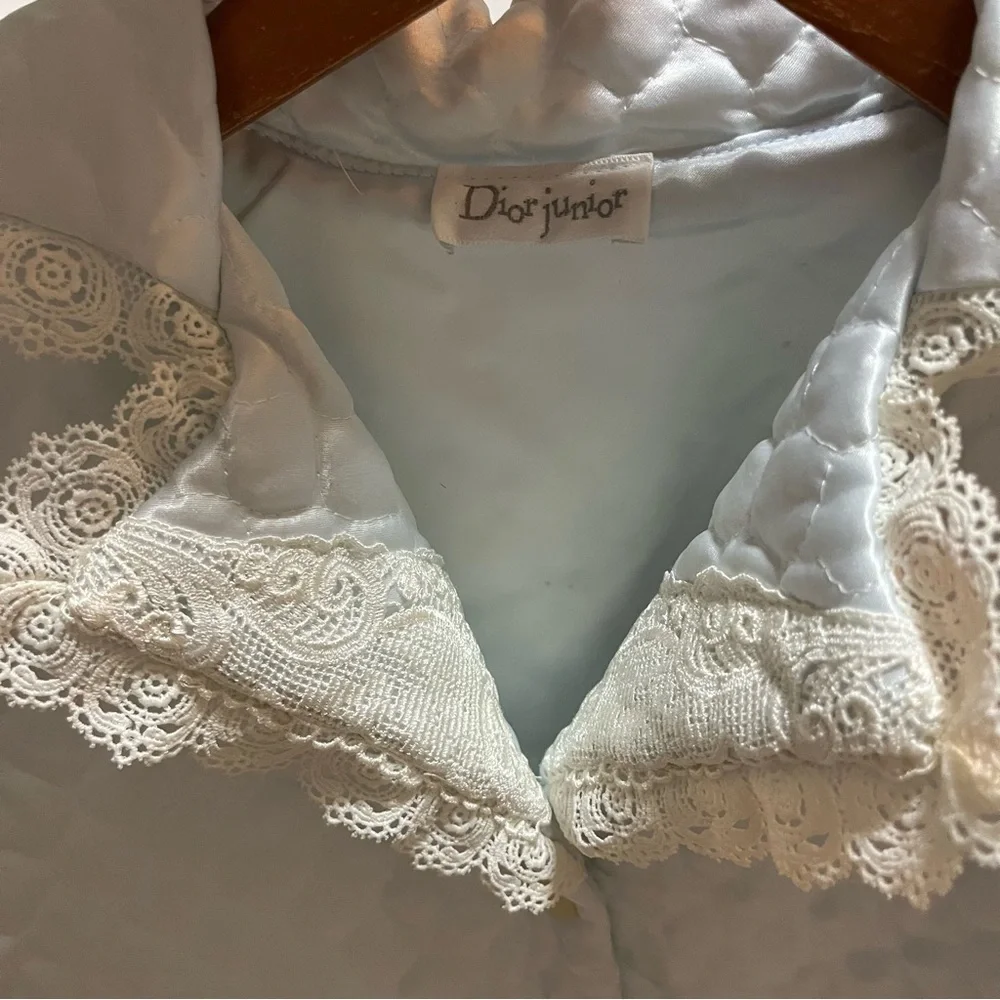 Vintage Dior Junior Quilted Satin‎ Lace Trim Robe Coat Light Blue Hostess 1960s